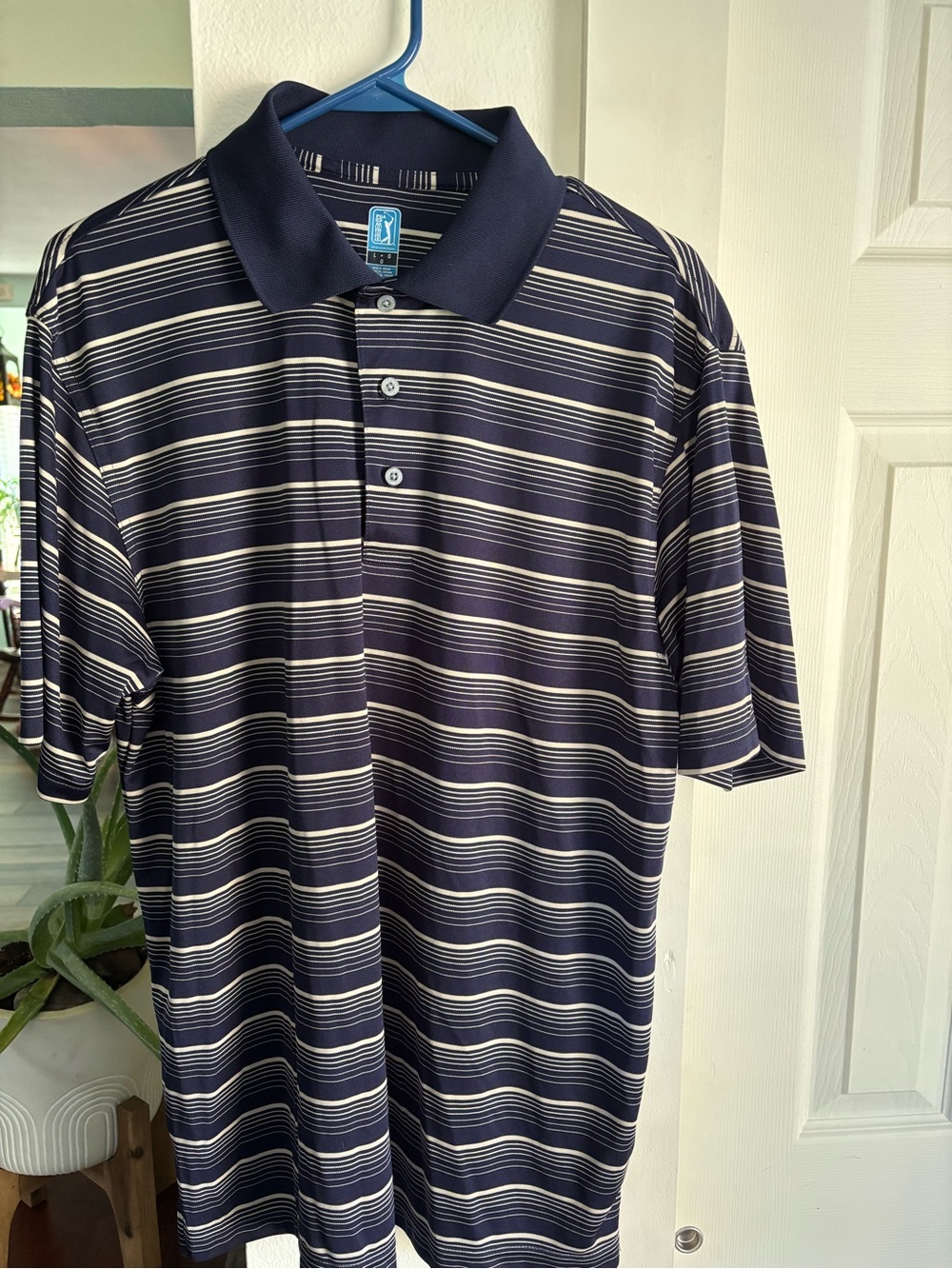 PGA Tour Navy and White Striped Polo